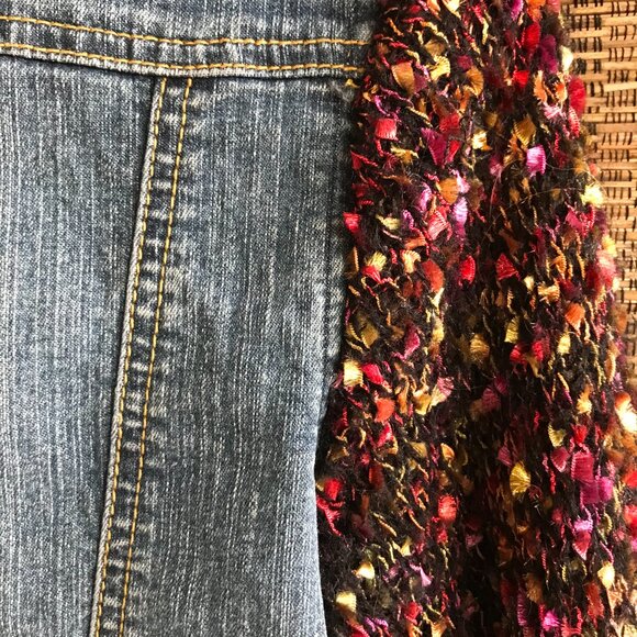 Upcycled Denim Jacket, XS-S: Embroidered Boho Cropped Jacket, Sweater Sleeves - Picture 10 of 12
